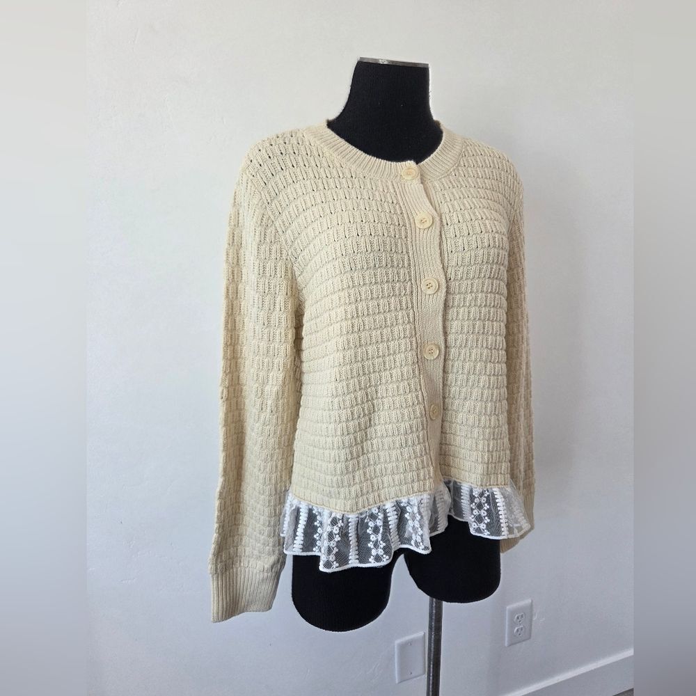 Cream Lace Trim Cardigan Sweater Preppy Coquette Old Money Academia Feminine L - Picture 3 of 12
